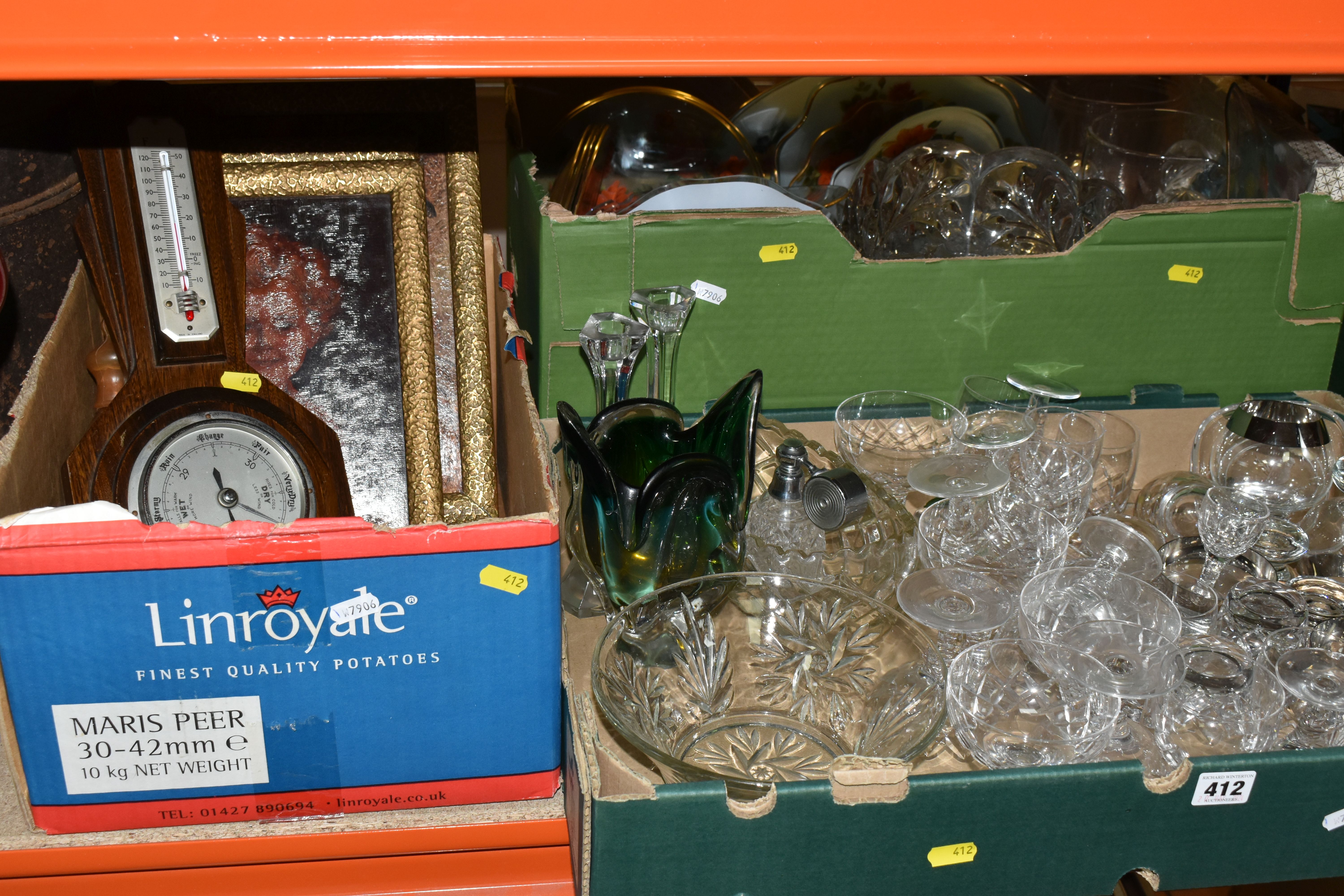 THREE BOXES OF VINTAGE GLASSWARE AND DECORATIONS including vintage atomiser, a pair of Royal Doulton