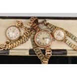 THREE LADIES 9CT GOLD WRISTWATCHES, to include an early 20th century manual watch, inside case