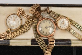 THREE LADIES 9CT GOLD WRISTWATCHES, to include an early 20th century manual watch, inside case