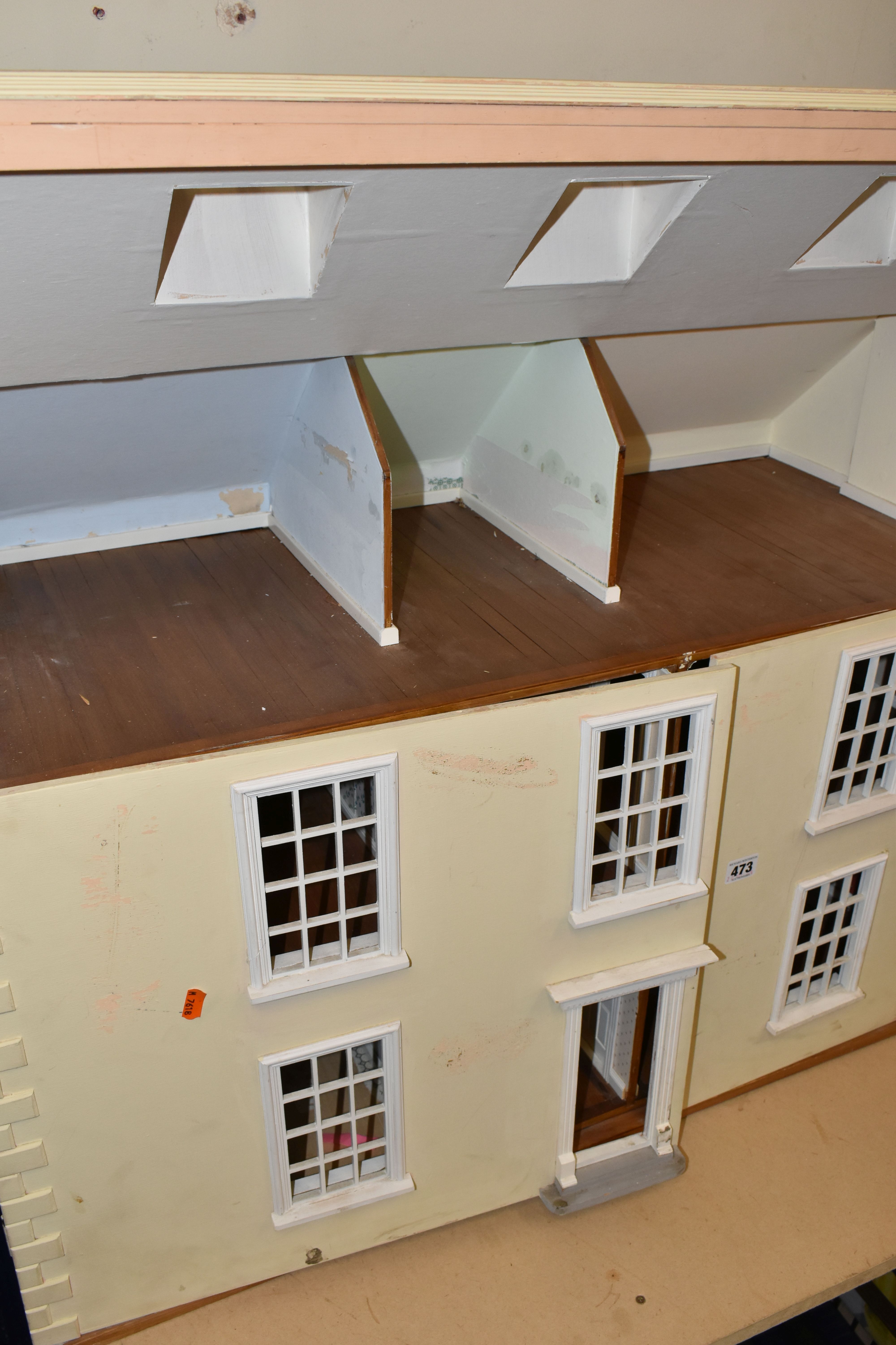 A LARGE MODERN WOODEN DOLLS HOUSE, modelled as a Georgian townhouse, front opening to reveal four - Image 4 of 4