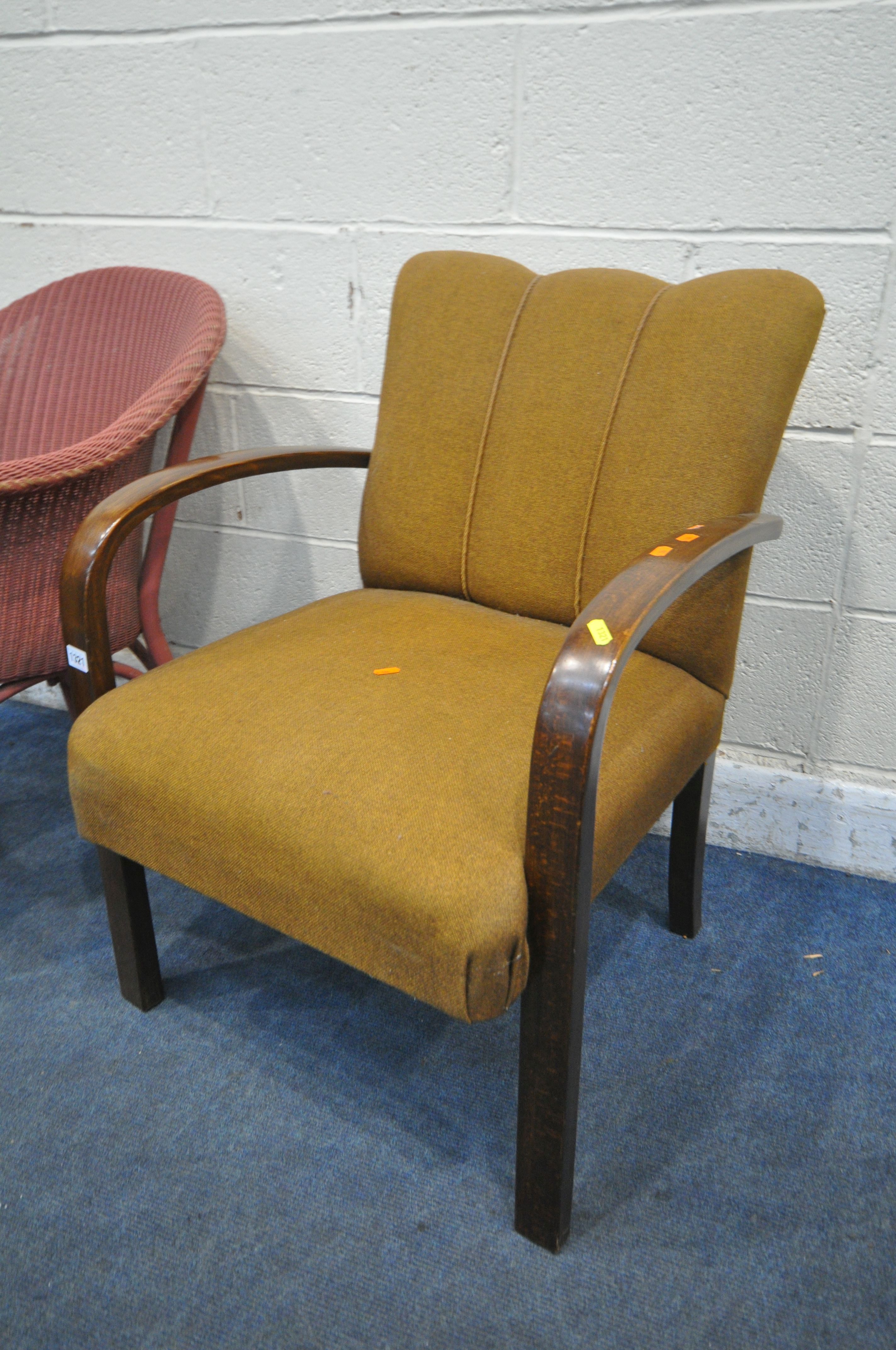 AN ART DECO BROWN UPHOLSTERED OPEN ARMCHAIR, width 60cm x depth 68cm x height 82cm, and a Lloyd loom - Image 2 of 2