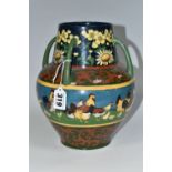 A WILEMAN & CO FOLEY INTARSIO 'POULTRY' PATTERN FOUR HANDLED VASE, model 3279, decorated with a band