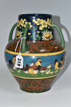 A WILEMAN & CO FOLEY INTARSIO 'POULTRY' PATTERN FOUR HANDLED VASE, model 3279, decorated with a band