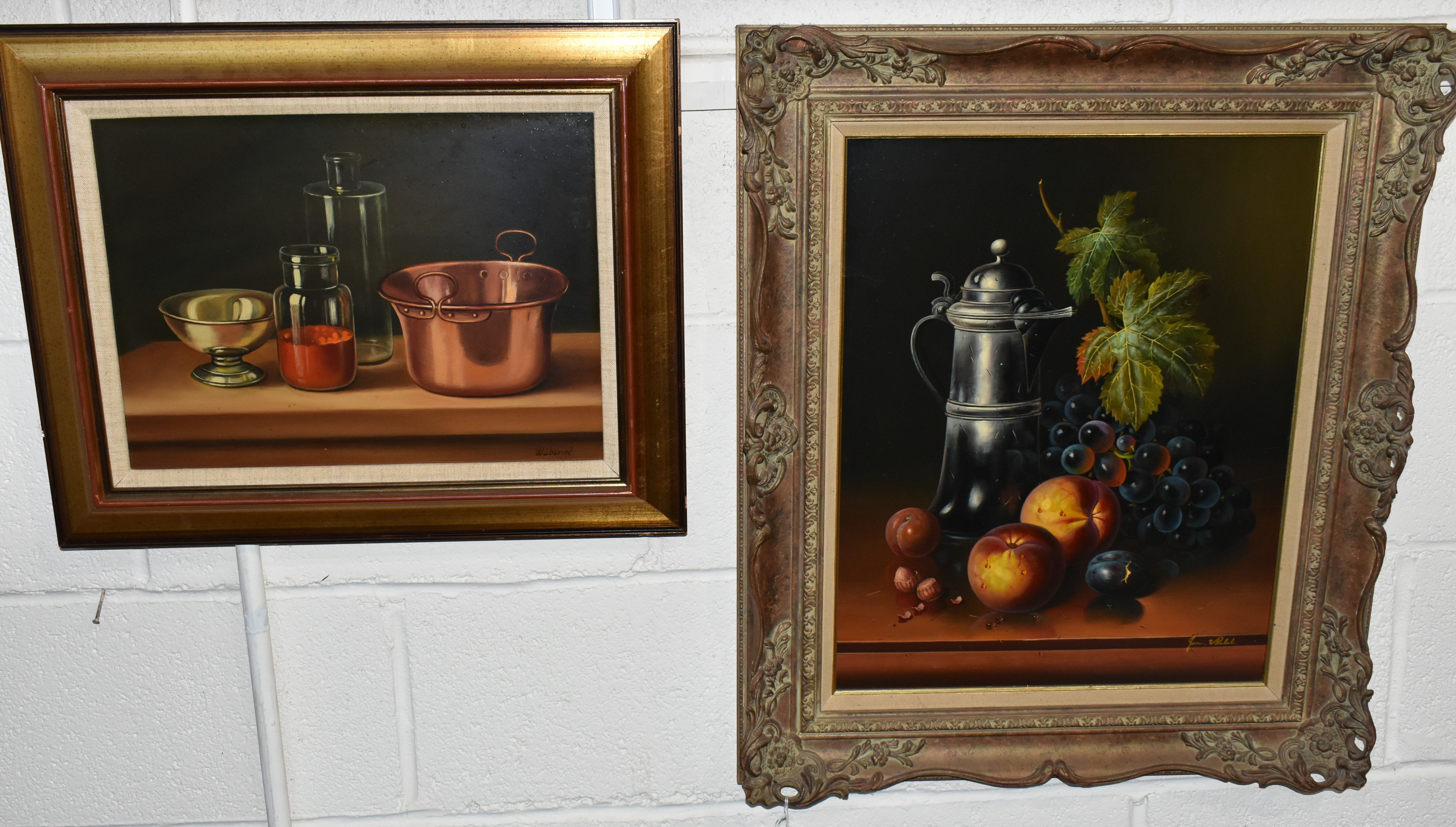 TWO MODERN STILL LIFE STUDIES, the first in the style of Andras Gombar depicts a copper mixing bowl,