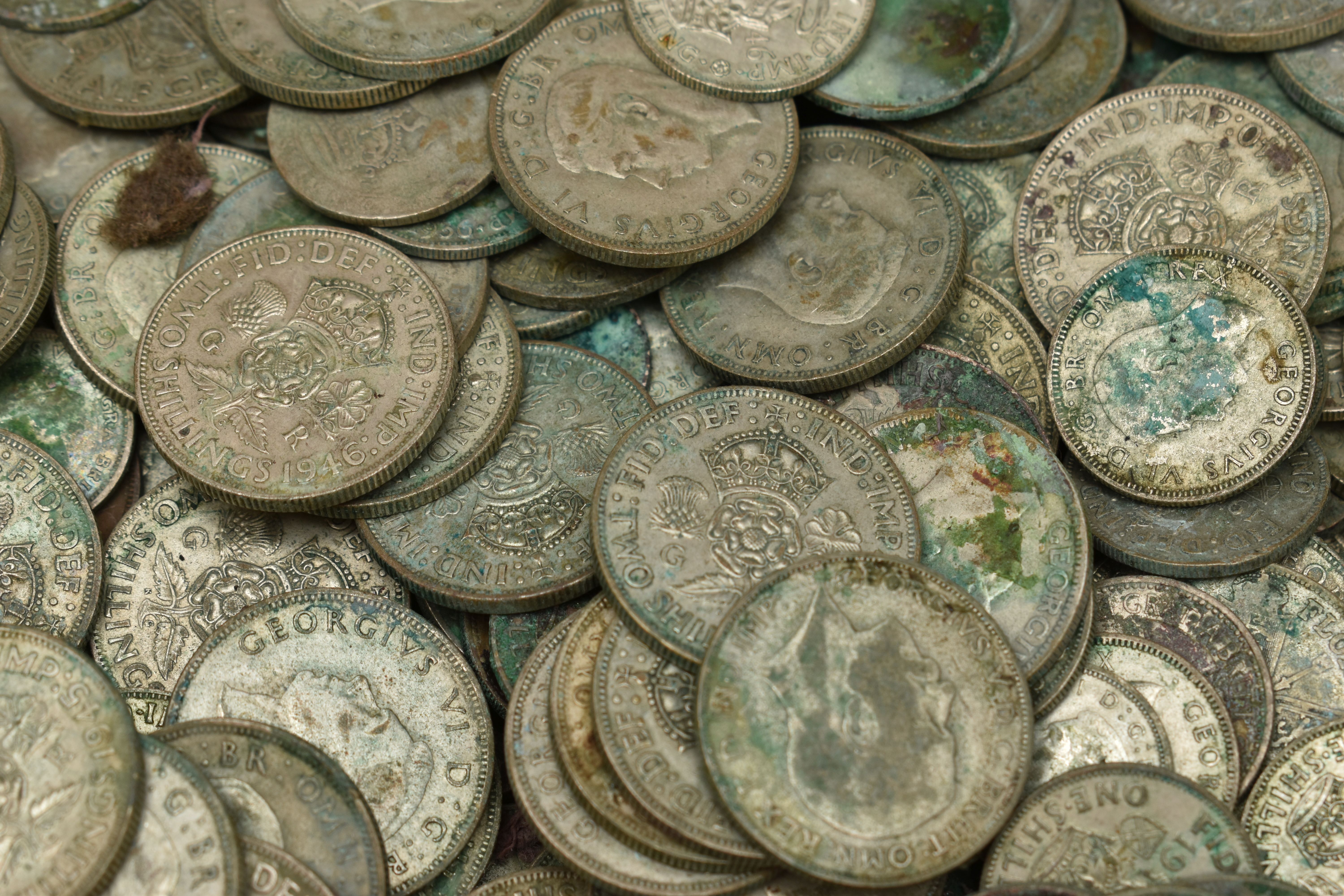 A CARDBOARD BOX CONTAINING 20TH CENTURY .500 SILVER COINS, with over 6000 grams of mostly Florin - Image 2 of 2