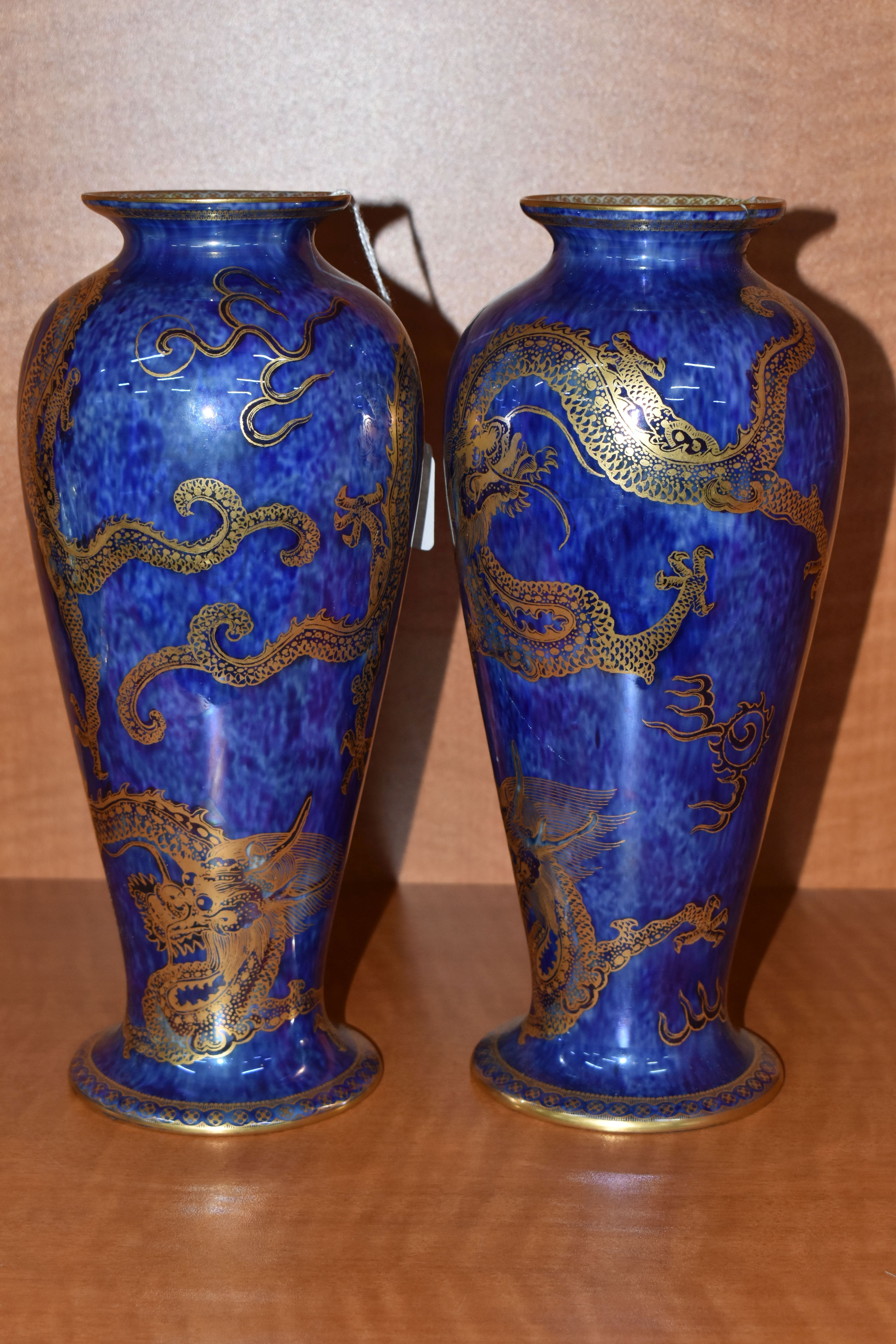 A PAIR OF WEDGWOOD DRAGON LUSTRE BALUSTER VASES, pattern Z4829, the exterior with mottled blue - Image 4 of 7
