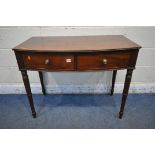 A GEORGIAN STYLE MAHOGANY BOWFRONT SIDE TABLE, with two drawers, on turned legs, width 97cm x