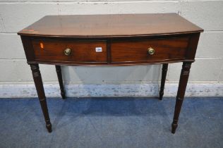 A GEORGIAN STYLE MAHOGANY BOWFRONT SIDE TABLE, with two drawers, on turned legs, width 97cm x