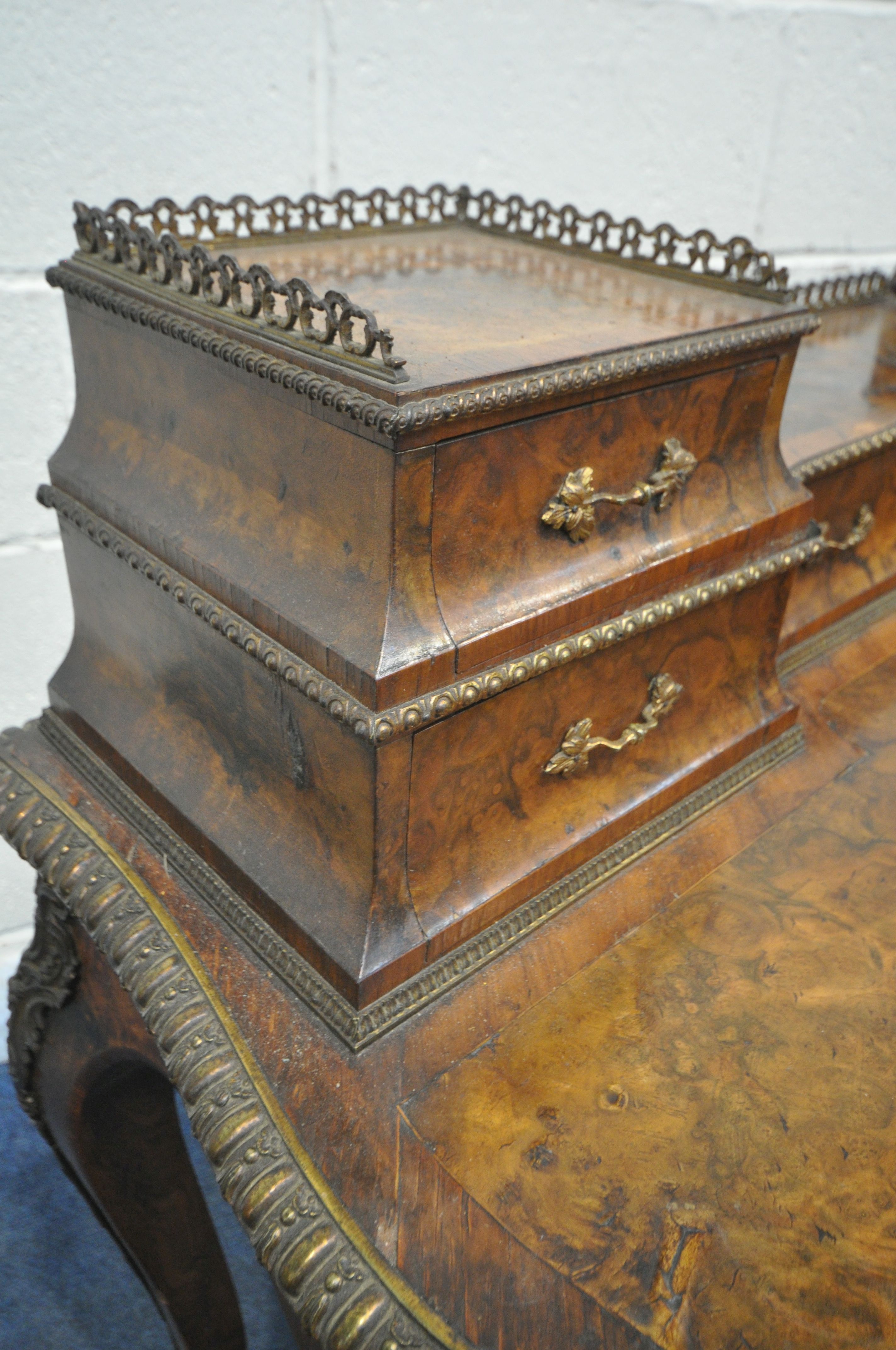 A VICTORIAN BURR WALNUT AND ROSEWOOD CROSSBANDED LADIES WRITING TABLE, with gilt brass mounts, the - Image 3 of 7