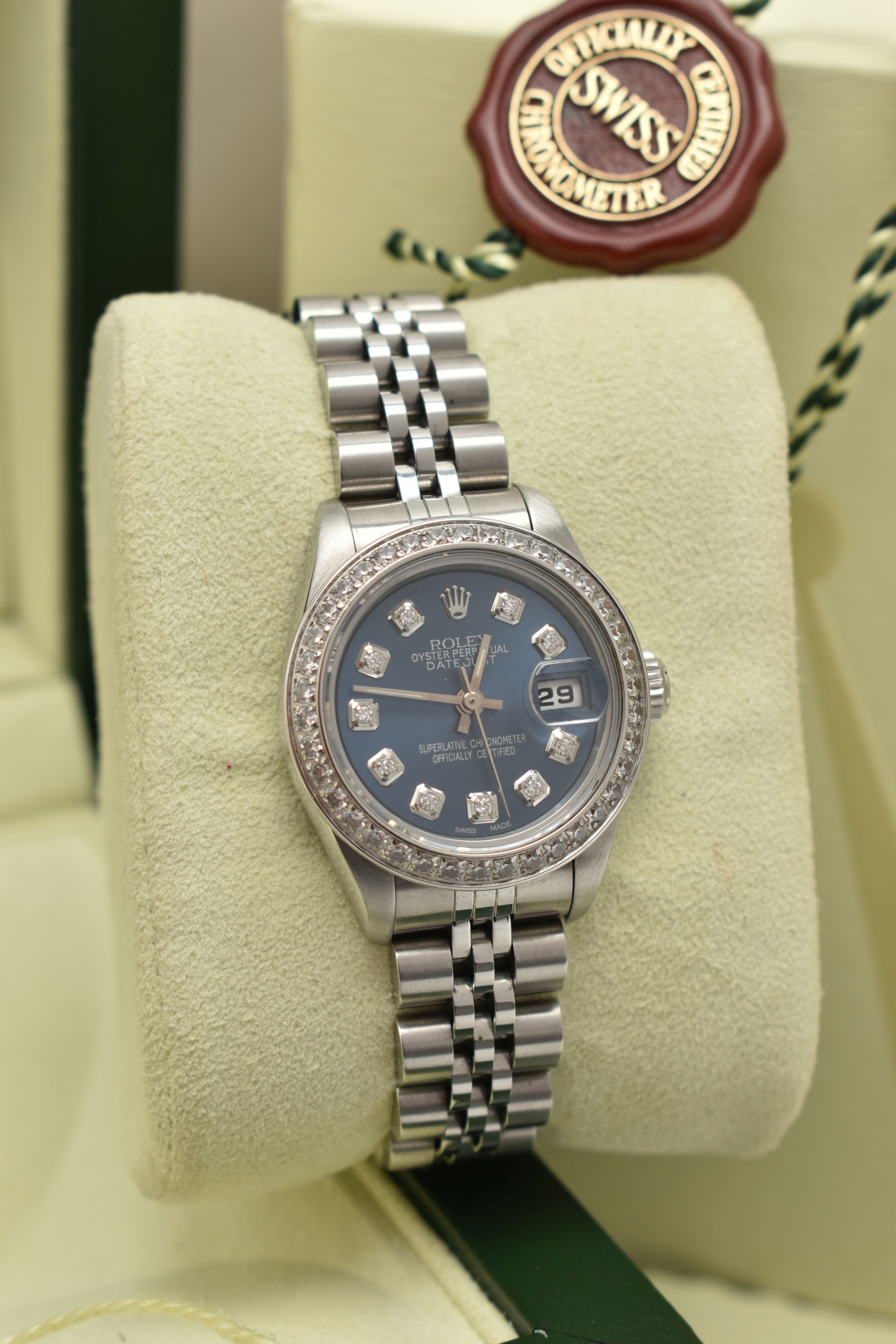 A LADIES BOXED 'ROLEX OYSTER PERPETUAL DATEJUST' WRISTWATCH, manual wind, round blue dial signed ' - Image 8 of 10