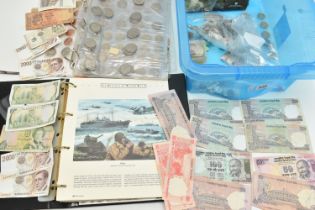 A PLASTIC STORAGE TUB CONTAINING COINS AND BANKNOTES, to include an album of 'The History Of World