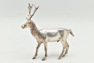 AN ELIZABETH II SILVER STANDING STAG FIGURE, realistically textured, maker Albert Edward Jones,