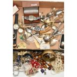 A BOX OF ASSORTED ITEMS, to include a small selection of beaded necklaces, a selection of