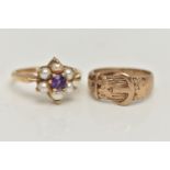 A 9CT GOLD RING AND A GEM SET RING, a 9ct gold buckle ring with floral detail, hallmarked 9ct London