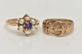 A 9CT GOLD RING AND A GEM SET RING, a 9ct gold buckle ring with floral detail, hallmarked 9ct London