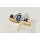 A SAPPHIRE AND DIAMOND RING, designed as a central rectangular sapphire surrounded by four diamonds,