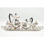 A FOUR PIECE SILVER PLATED TEA SET WITH TRAY, comprising of a polished teapot, coffee pot, sugar