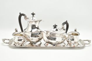 A FOUR PIECE SILVER PLATED TEA SET WITH TRAY, comprising of a polished teapot, coffee pot, sugar