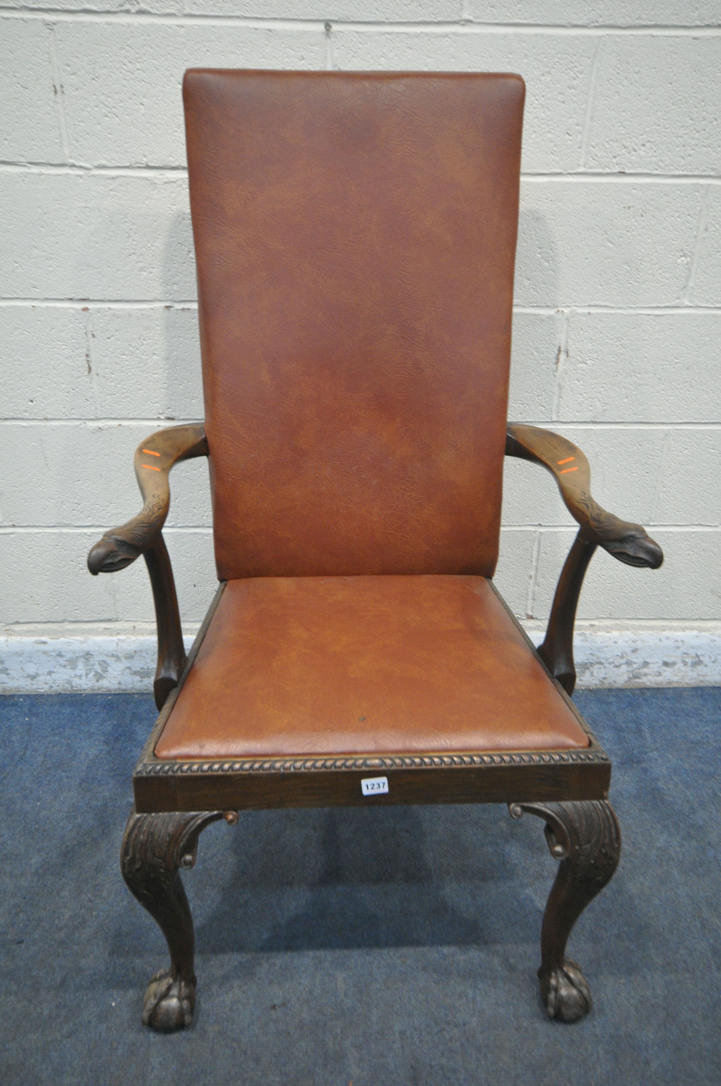 A GEORGIAN MAHOGANY ARMCHAIR, reupholstered with brown leatherette, the open armrests with an - Image 2 of 5