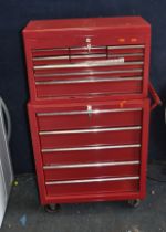 A TWO PIECE MECHANICS TOOLCHEST width 68cm total height 113cm with two pairs of keys