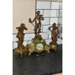 A FRENCH CLOCK GARNITURE 'PAR FERRAND' in green onyx with spelter figures 'Chasse aux Papillons'