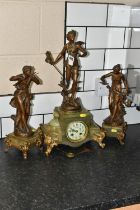 A FRENCH CLOCK GARNITURE 'PAR FERRAND' in green onyx with spelter figures 'Chasse aux Papillons'