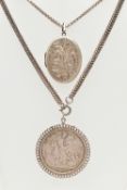 TWO ITEMS OF JEWELLERY, the first a silver oval locket suspended from a box link chain, the second a