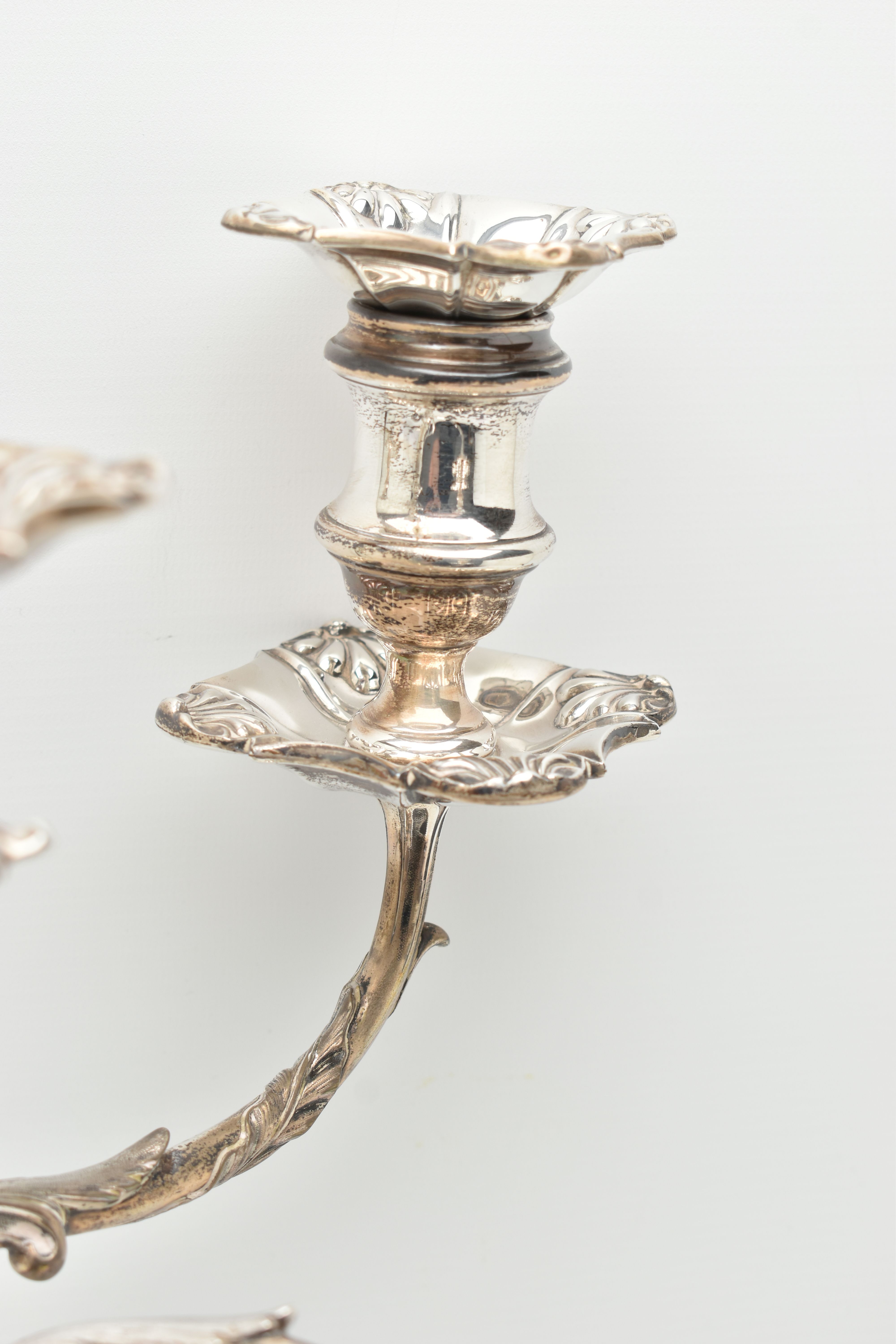 A GEORGE V SILVER FIVE LIGHT CANDELABRUM IN GEORGE II STYLE, with removable shaped square drip pans, - Image 8 of 13