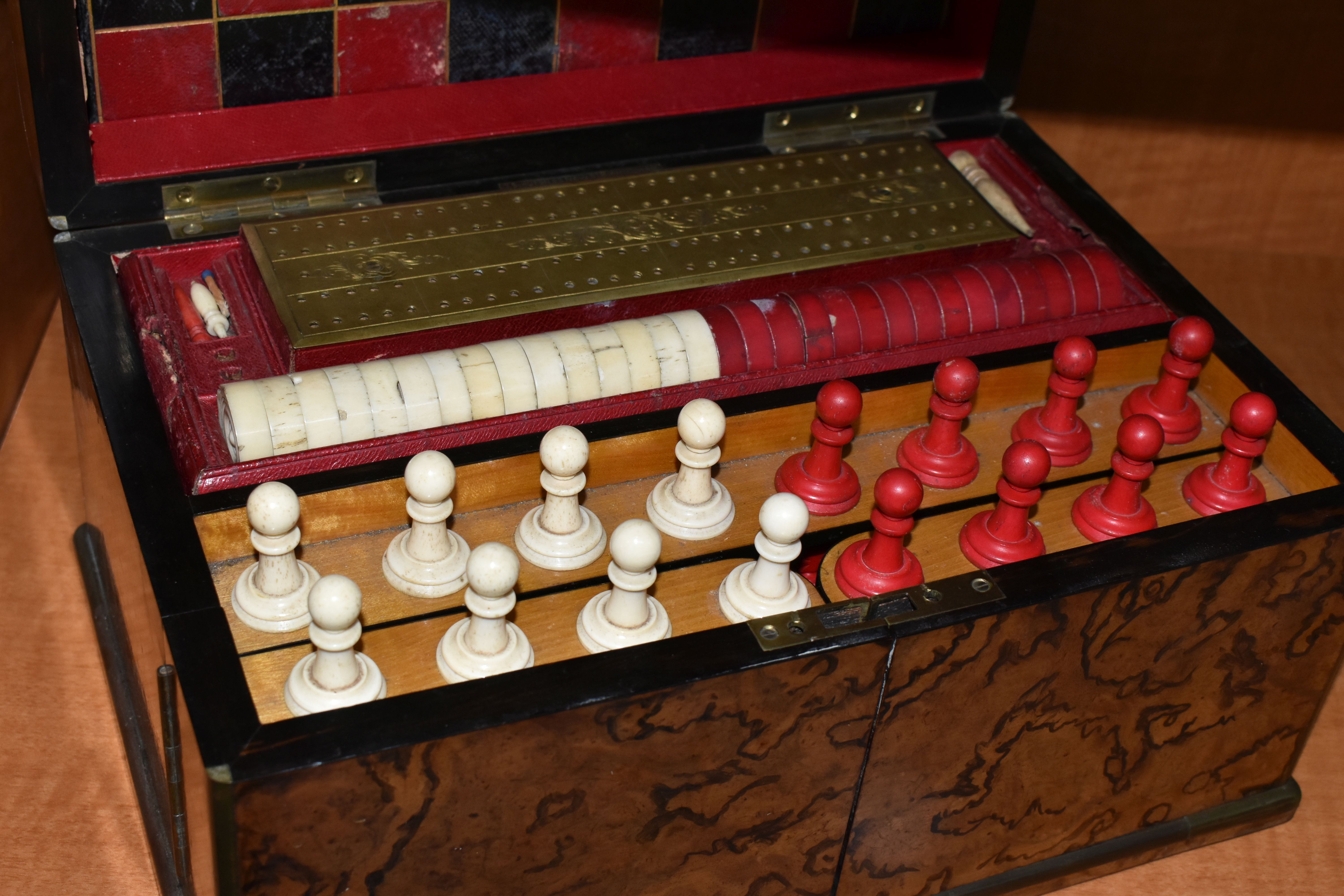 A VICTORIAN BURR WALNUT AND BRASS BOUND GAMES COMPENDIUM, the rectangular box with hinged lid with - Image 2 of 45