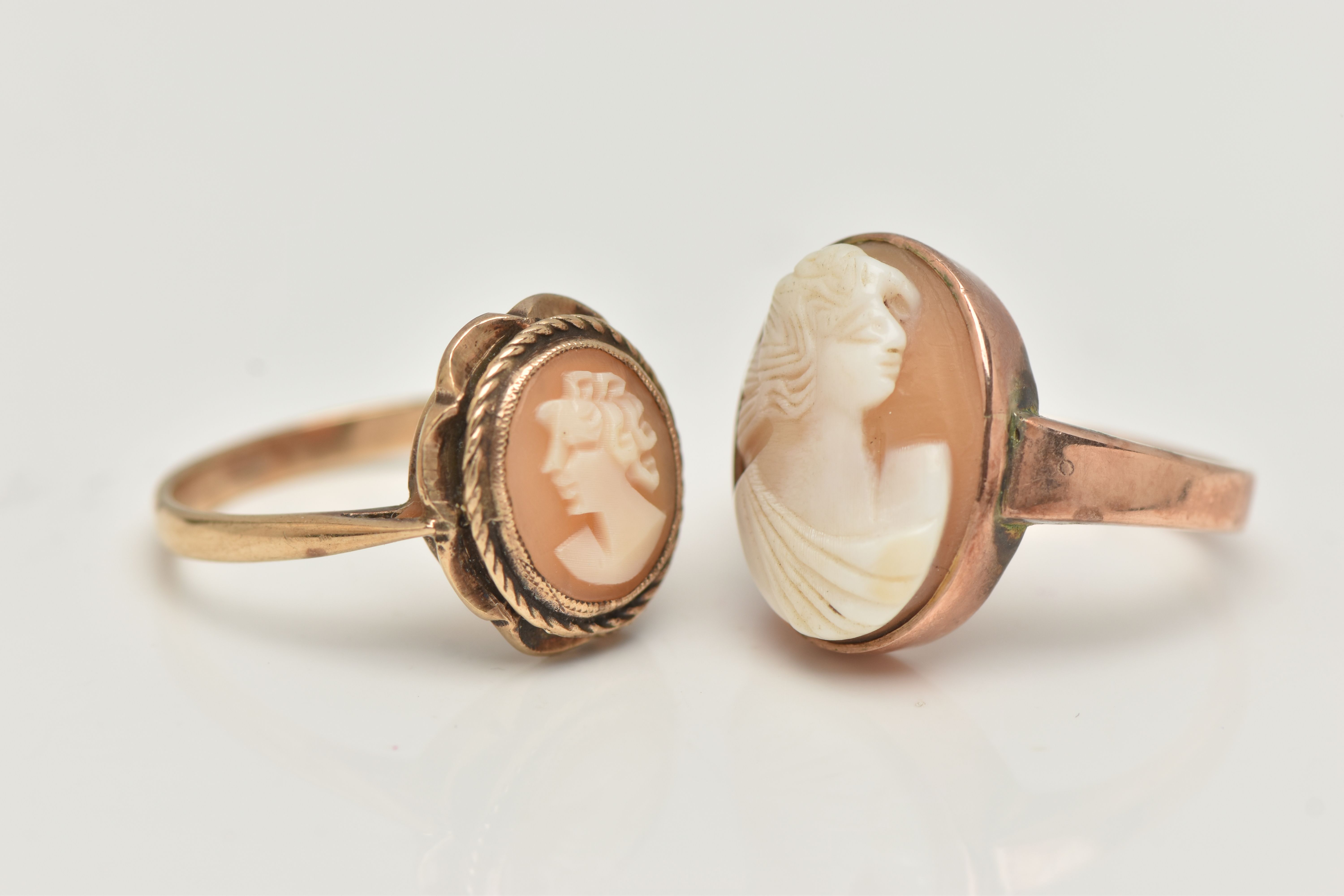 TWO CAMEO RINGS, the first a rose metal ring, set with an oval shell cameo depicting a lady, stamped - Image 3 of 4