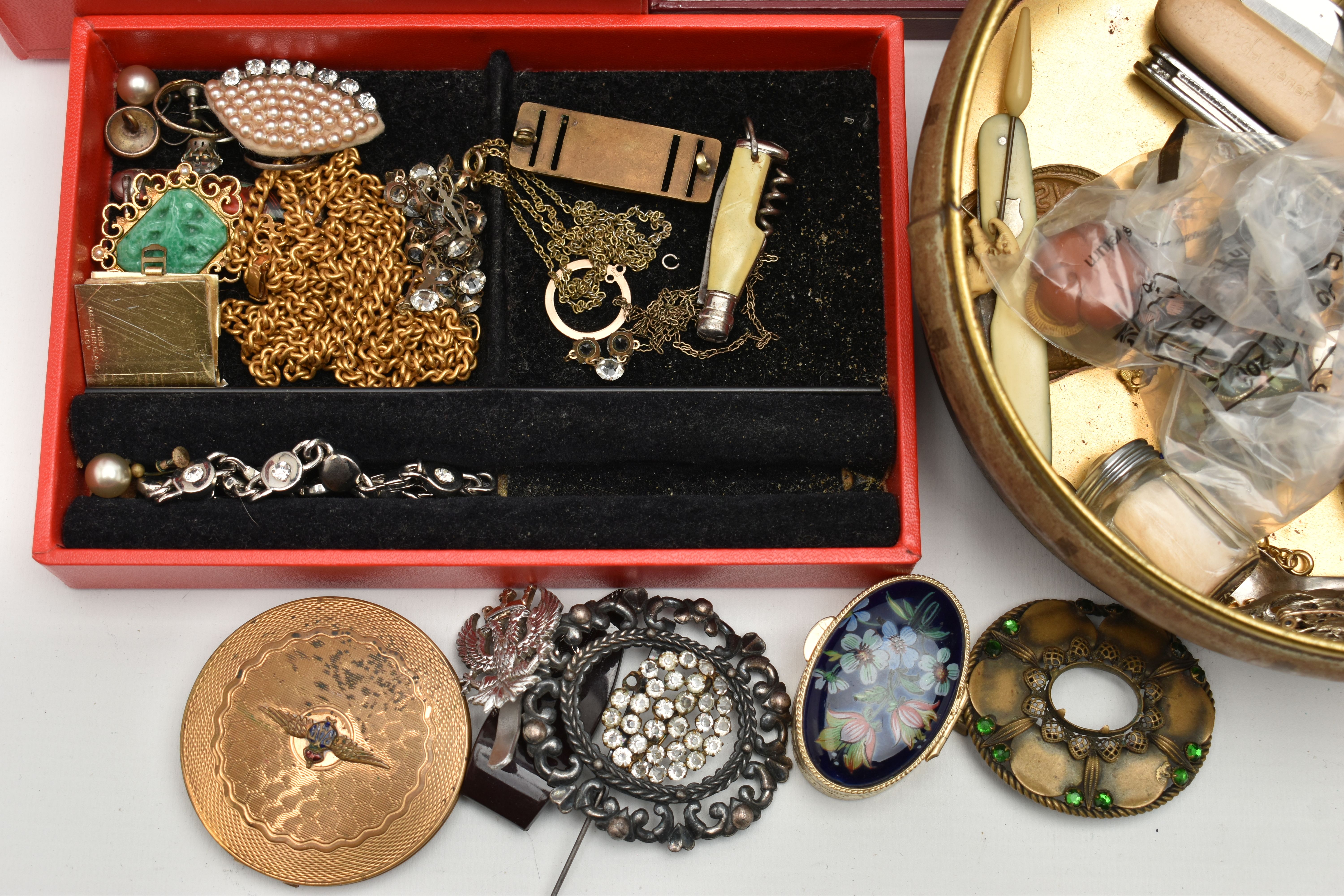 A BOX OF ASSORTED ITEMS, to include a red jewellery box with contents of costume jewellery, stick - Image 2 of 7
