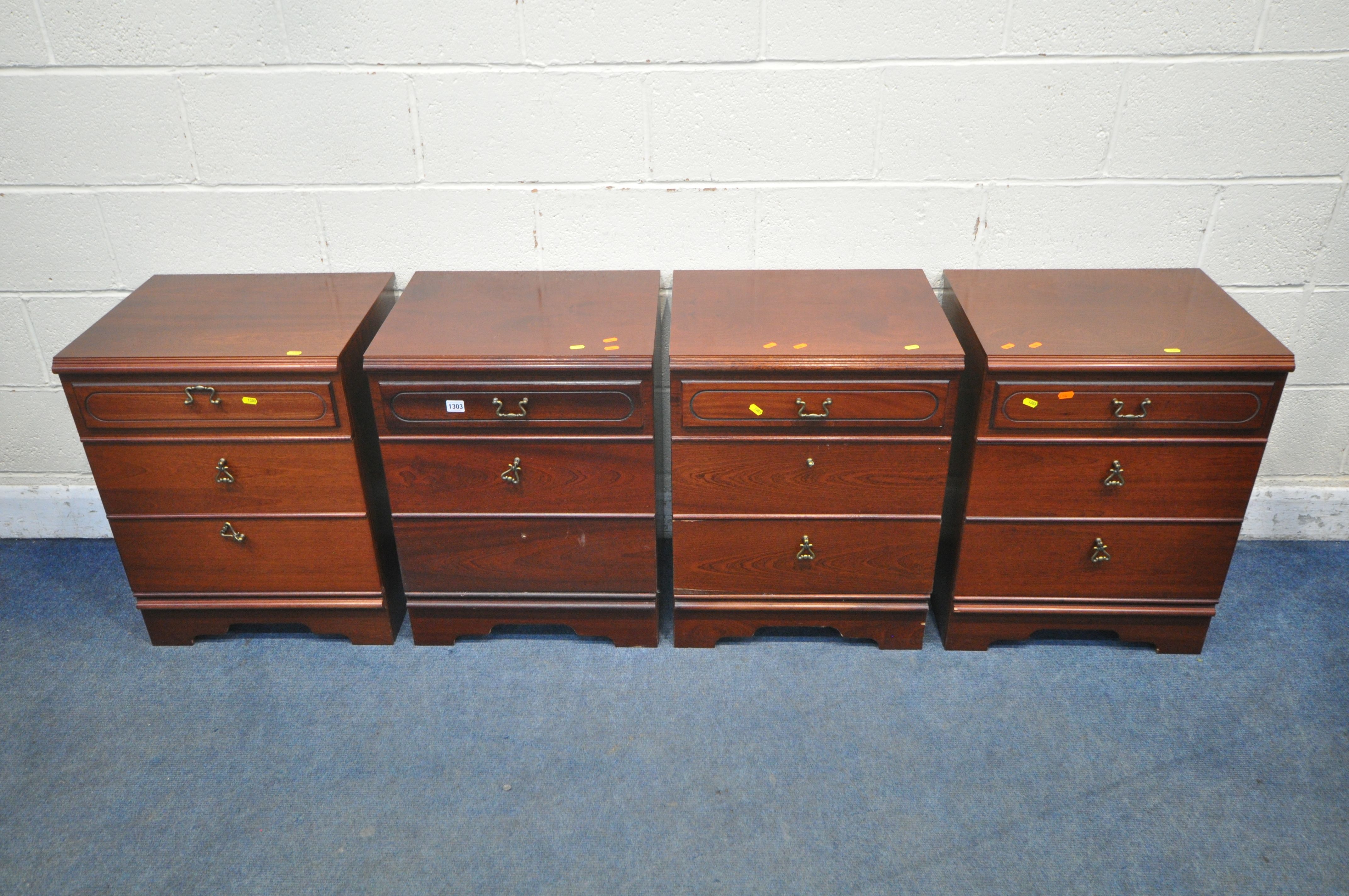 FOUR MAHOGANY CHEST OF THREE DRAWERS (condition report: two missing/broken handles) (4)