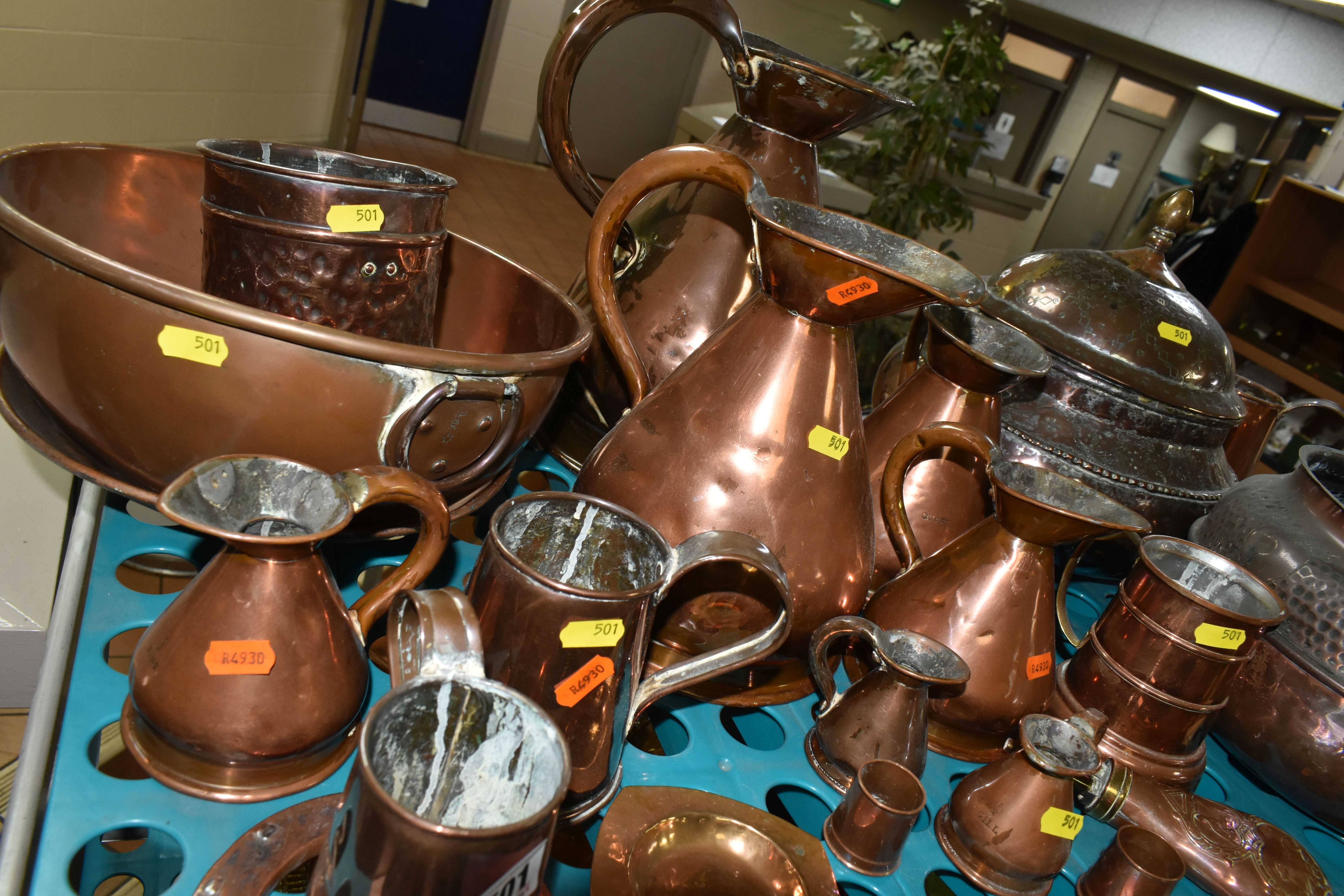 A VARIETY OF COPPERWARE, comprising a selection of measuring vessels, tankards, an 'arts and crafts' - Image 4 of 5