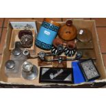 A BOX OF SILVER, CERAMICS AND MISCELLANEOUS ITEMS, to include a silver candlestick, hallmarked