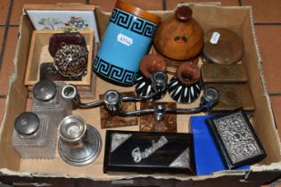 A BOX OF SILVER, CERAMICS AND MISCELLANEOUS ITEMS, to include a silver candlestick, hallmarked