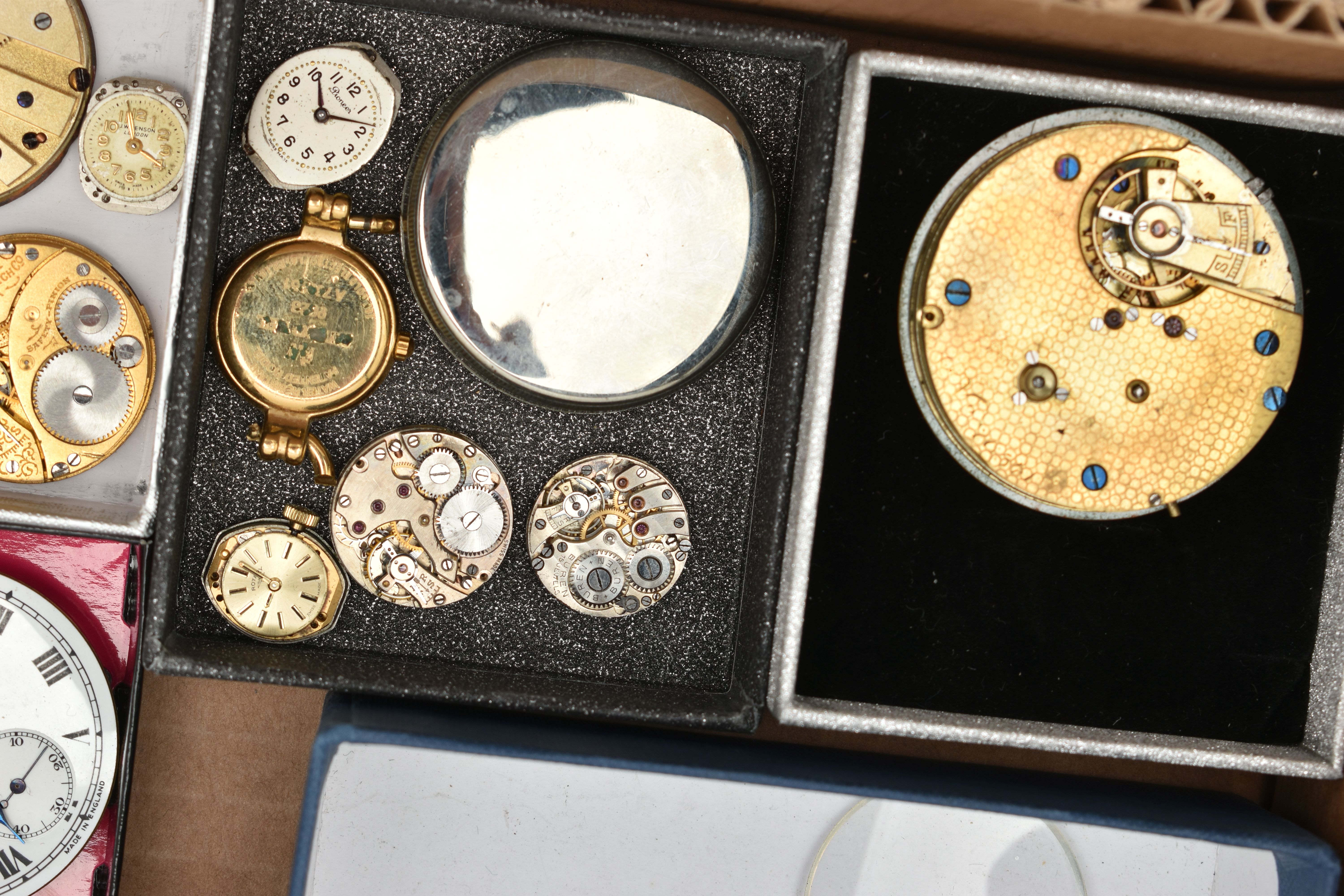A BOX OF ASSORTED WATCH PARTS, to include a large selection of watch movements, names to include - Image 6 of 11