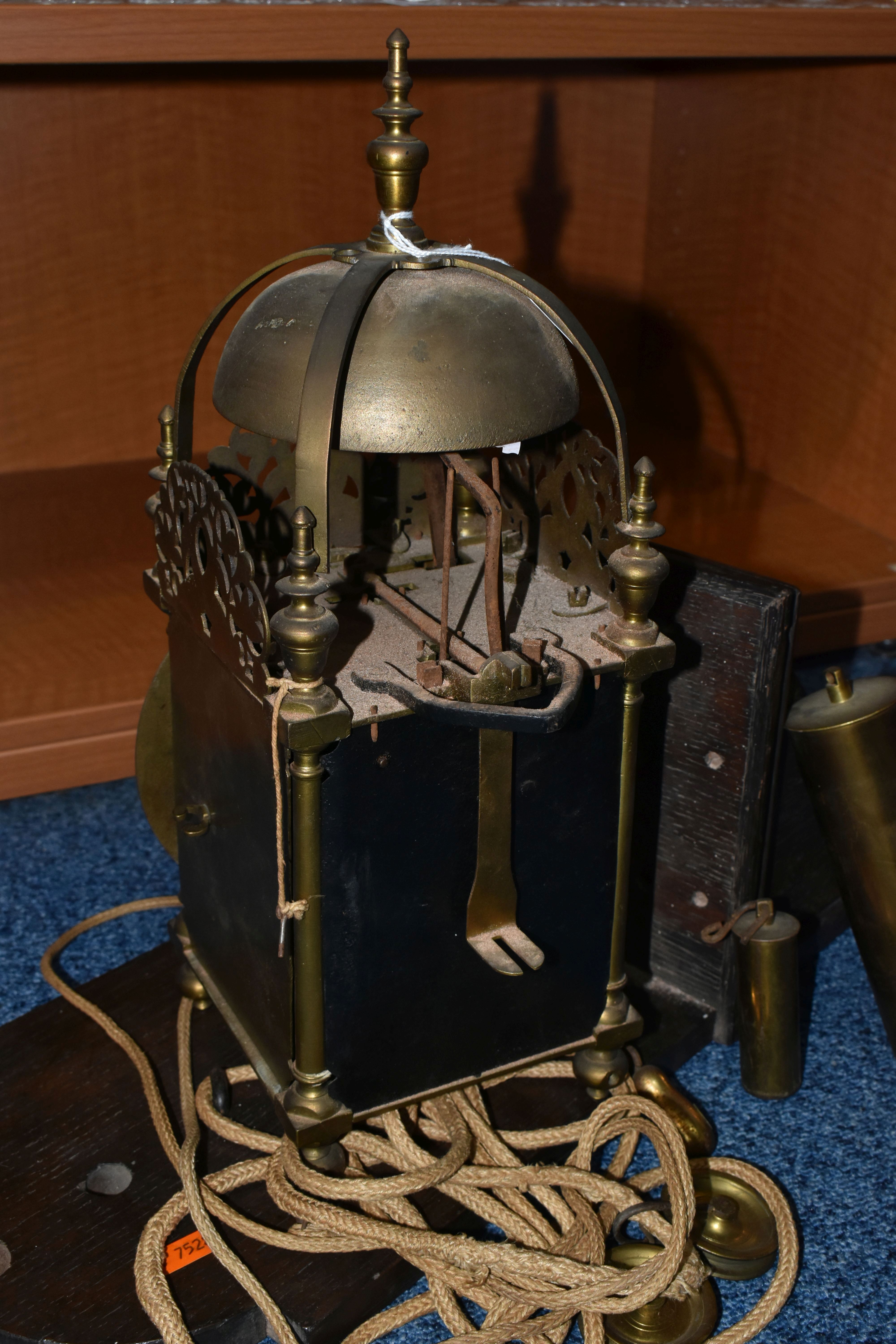 A 17TH CENTURY STYLE BRASS LANTERN CLOCK, four posted case with side doors and side frets, - Image 5 of 11