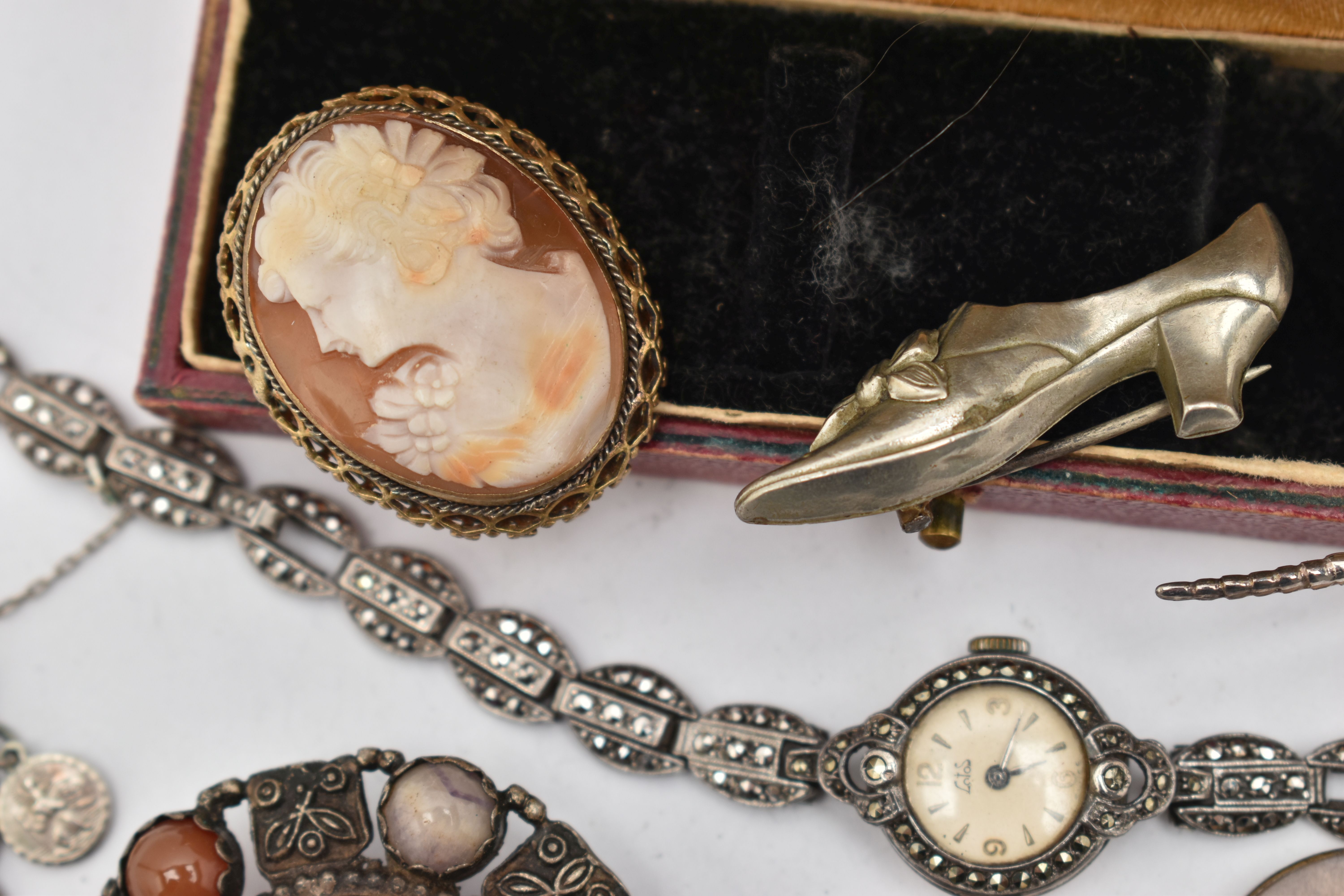 SEVEN ITEMS OF JEWELLERY, to include a ladies white metal and marcasite manual wind wristwatch, dial - Image 3 of 4