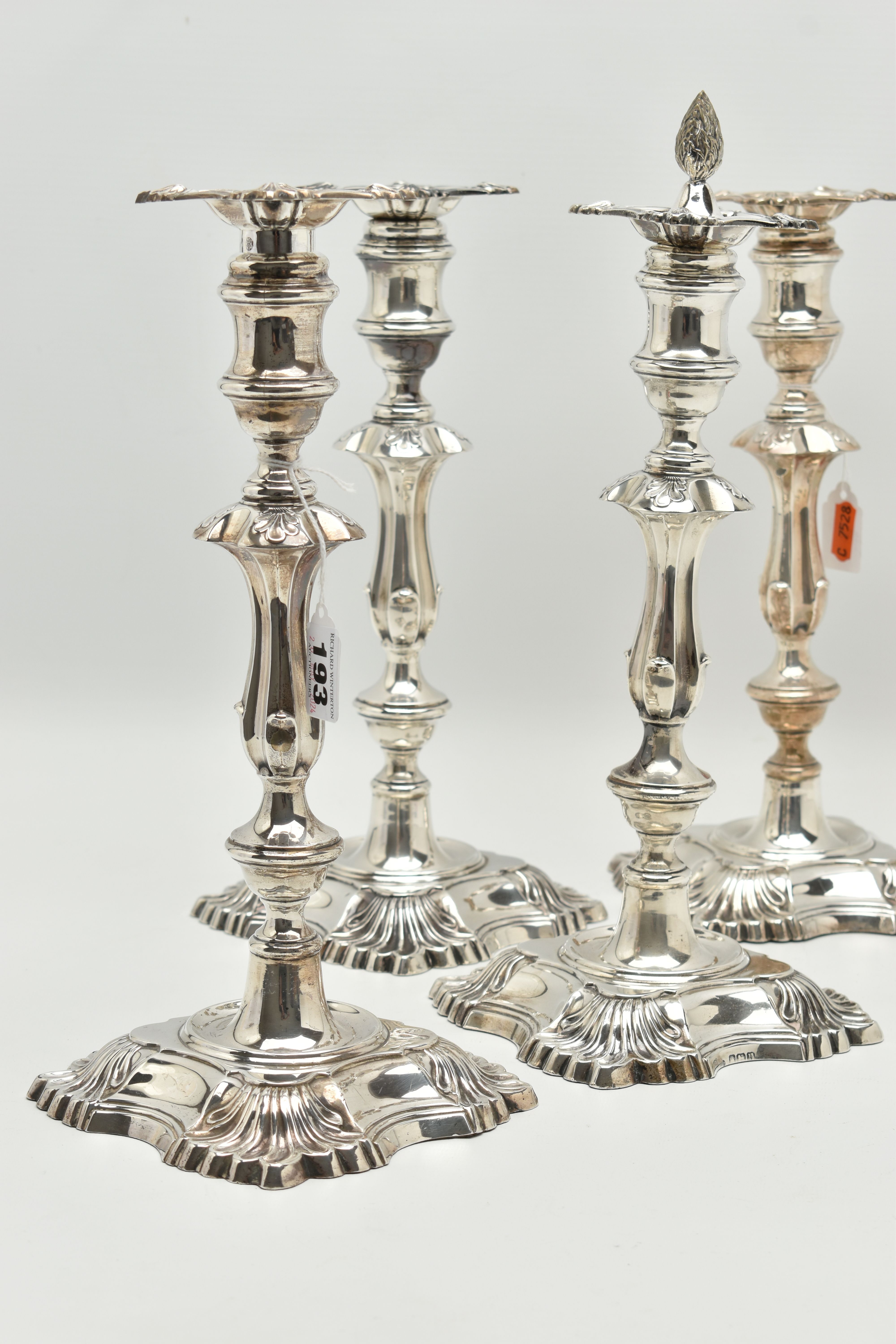 A GEORGE V SILVER SET OF FOUR CANDLESTICKS IN GEORGE II STYLE, with removable shaped square drip - Image 7 of 10