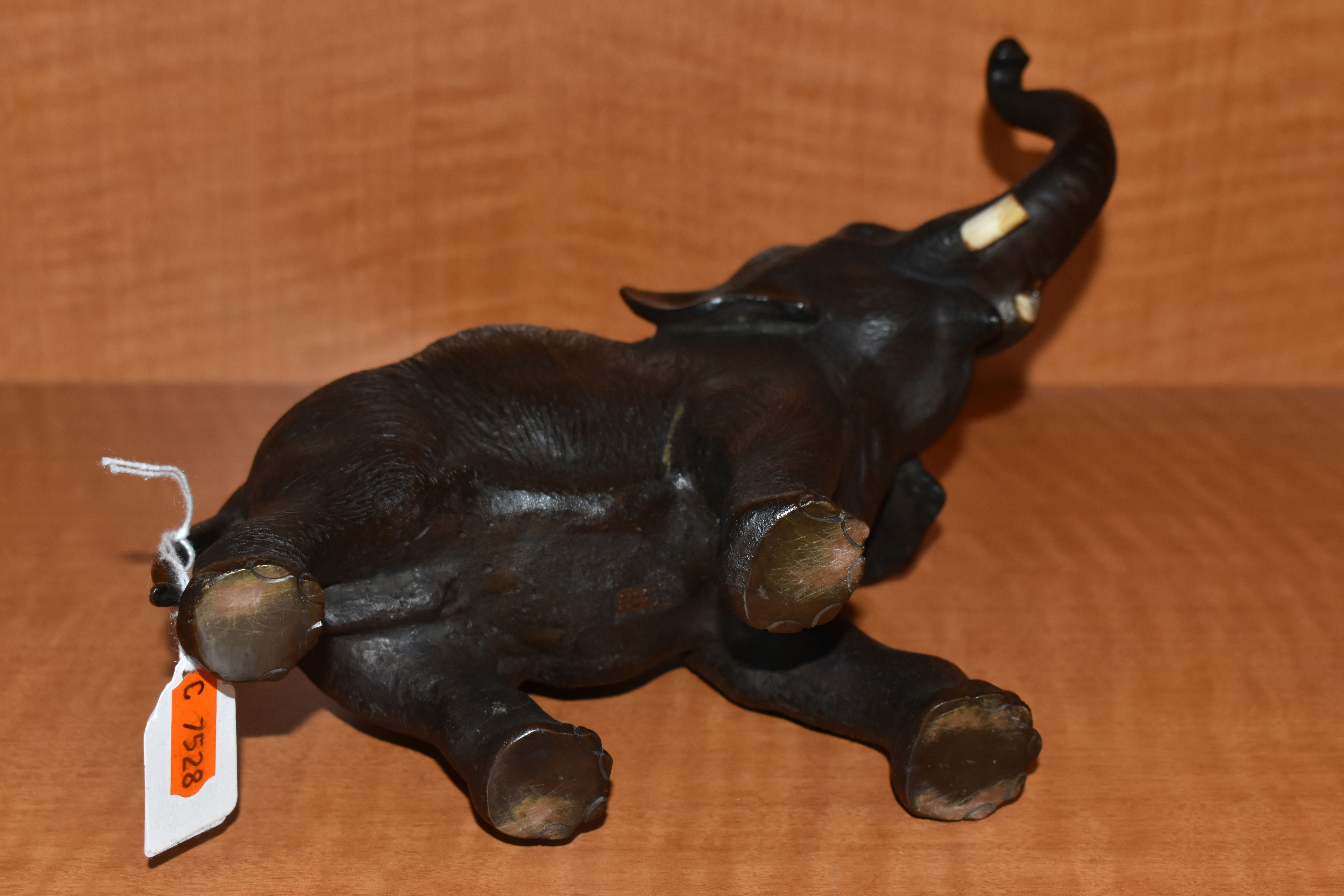 A LATE 19TH CENTURY MEIJI PERIOD JAPANESE BRONZE FIGURE OF AN ELEPHANT WITH TRUNK RAISED, remnants - Image 5 of 5