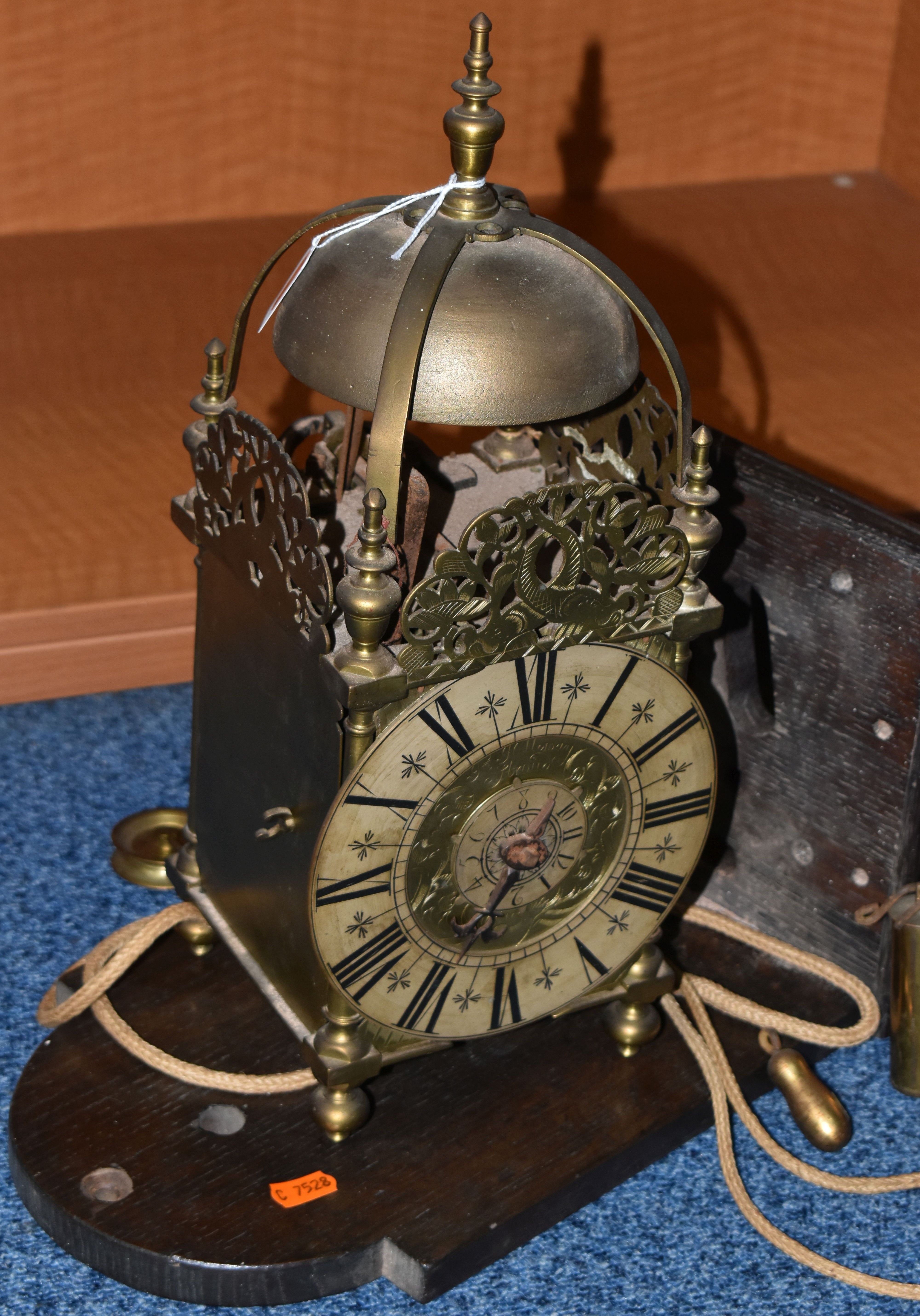 A 17TH CENTURY STYLE BRASS LANTERN CLOCK, four posted case with side doors and side frets, - Image 2 of 11