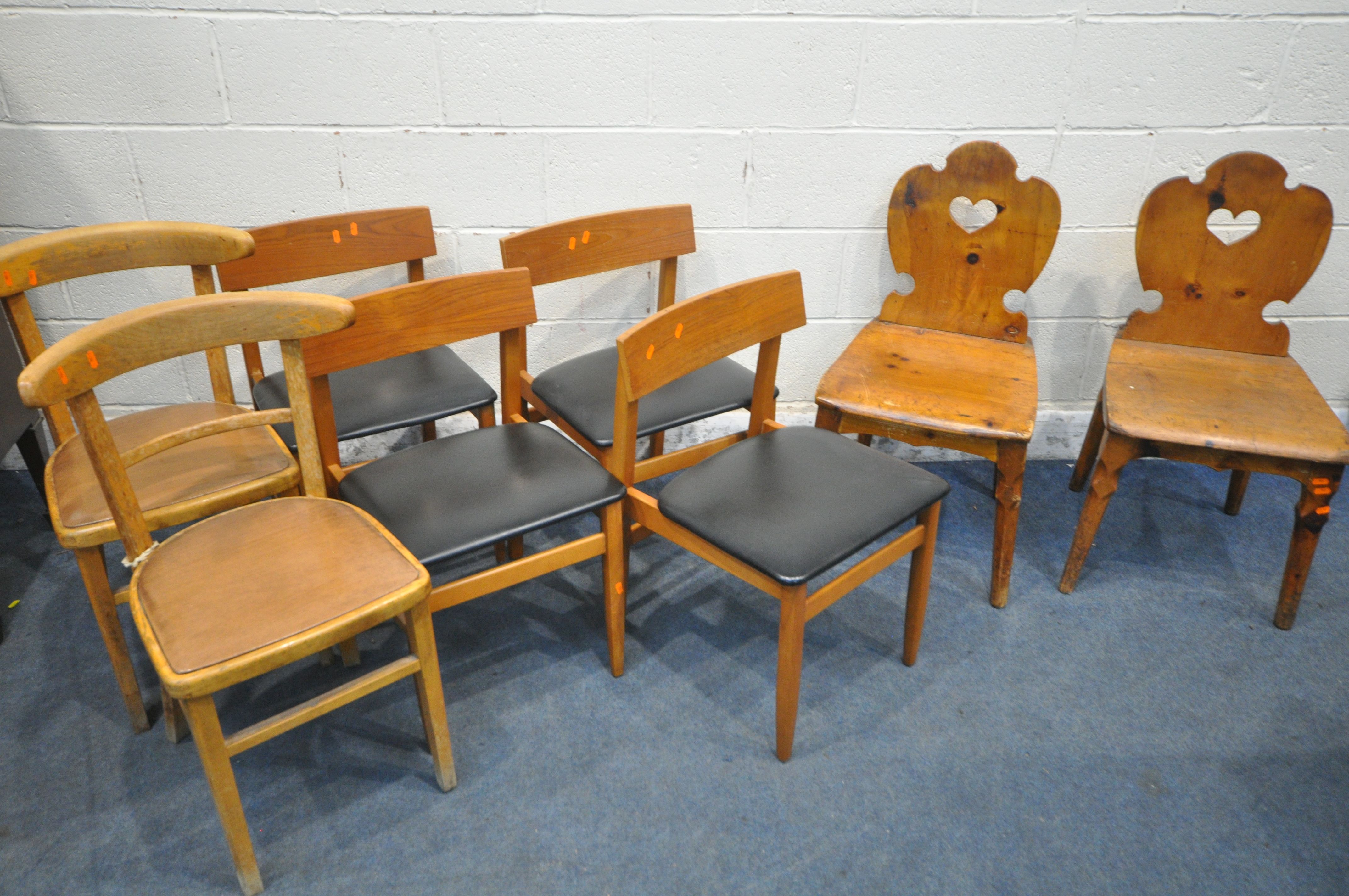 A SELECTION OF CHAIRS, to include a pair of pine hall chairs, a set of four mid-century teak chairs,