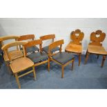 A SELECTION OF CHAIRS, to include a pair of pine hall chairs, a set of four mid-century teak chairs,