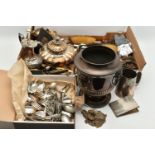 A BOX OF ASSORTED WHITE METAL WARE, to include boxed sets of cutlery, EPNS tankard, teapots,