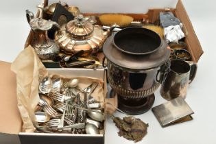 A BOX OF ASSORTED WHITE METAL WARE, to include boxed sets of cutlery, EPNS tankard, teapots,