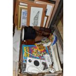 TWO BOXES AND LOOSE CERAMICS, ELECTRONICS, PICTURES AND SUNDRY ITEMS, to include a boxed, cased LG