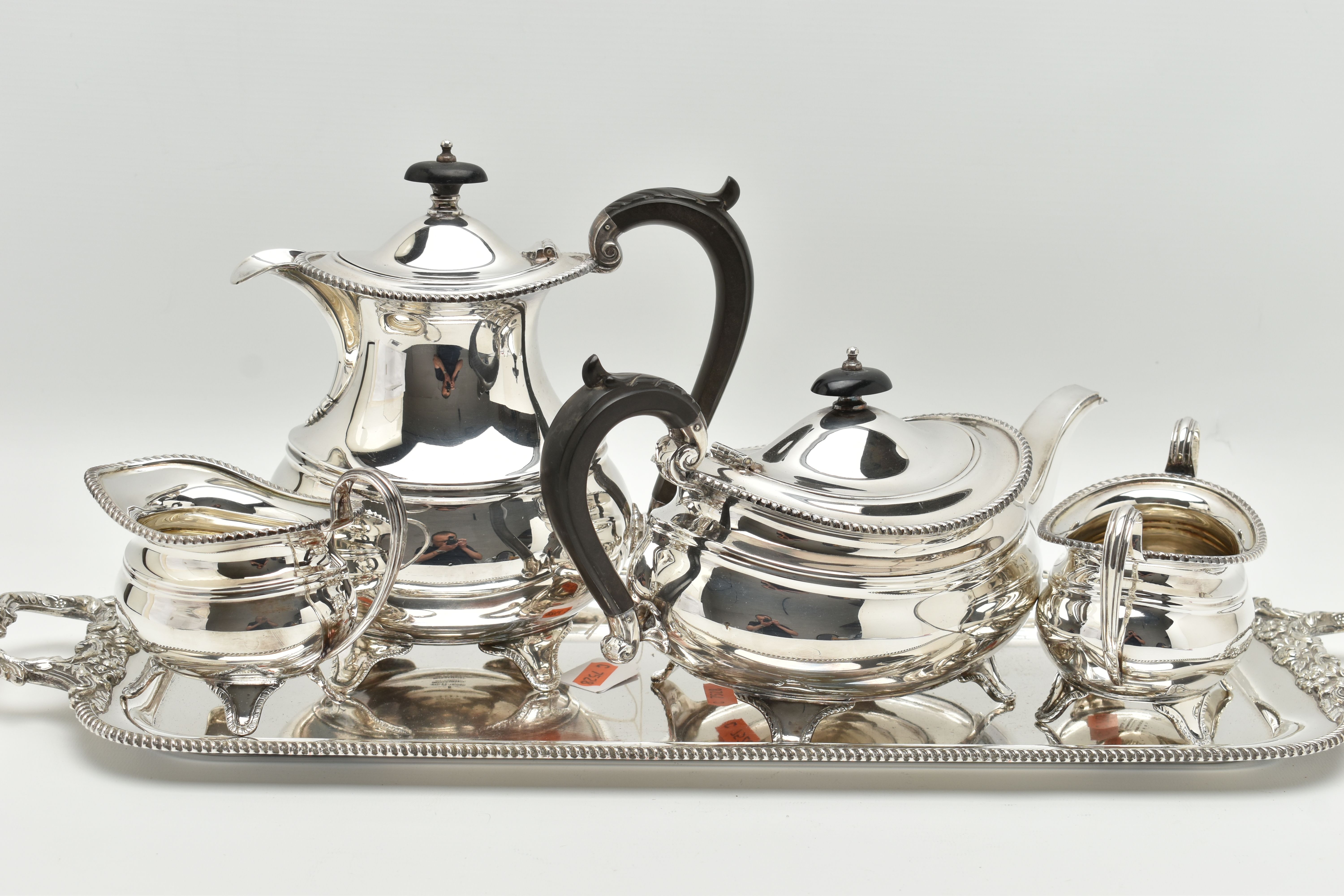 A FOUR PIECE SILVER PLATED TEA SET WITH TRAY, comprising of a polished teapot, coffee pot, sugar - Image 7 of 9