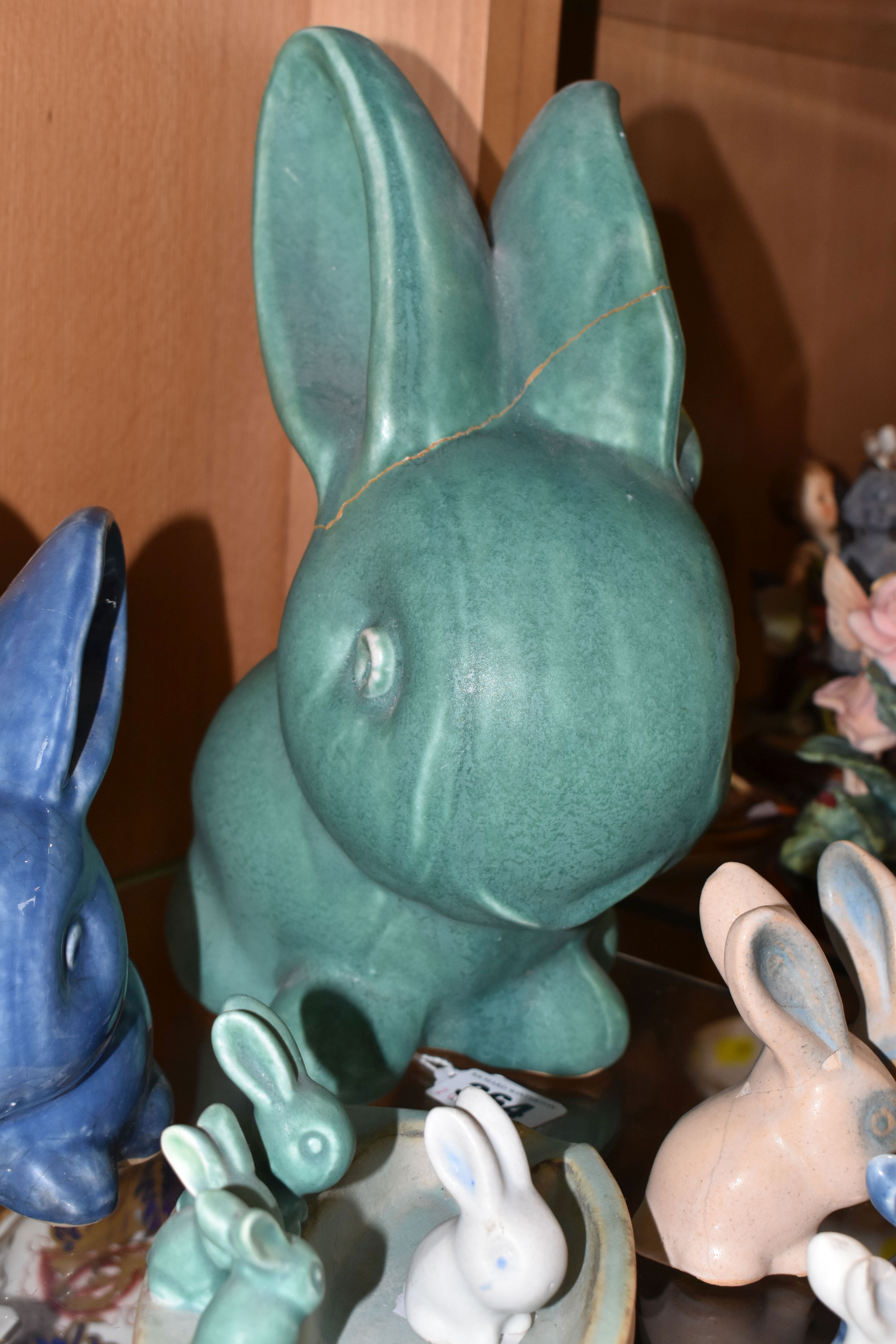 A GROUP OF BOURNE DENBY RABBITS, comprising a very large Marmaduke green snub nose rabbit (badly - Image 5 of 7