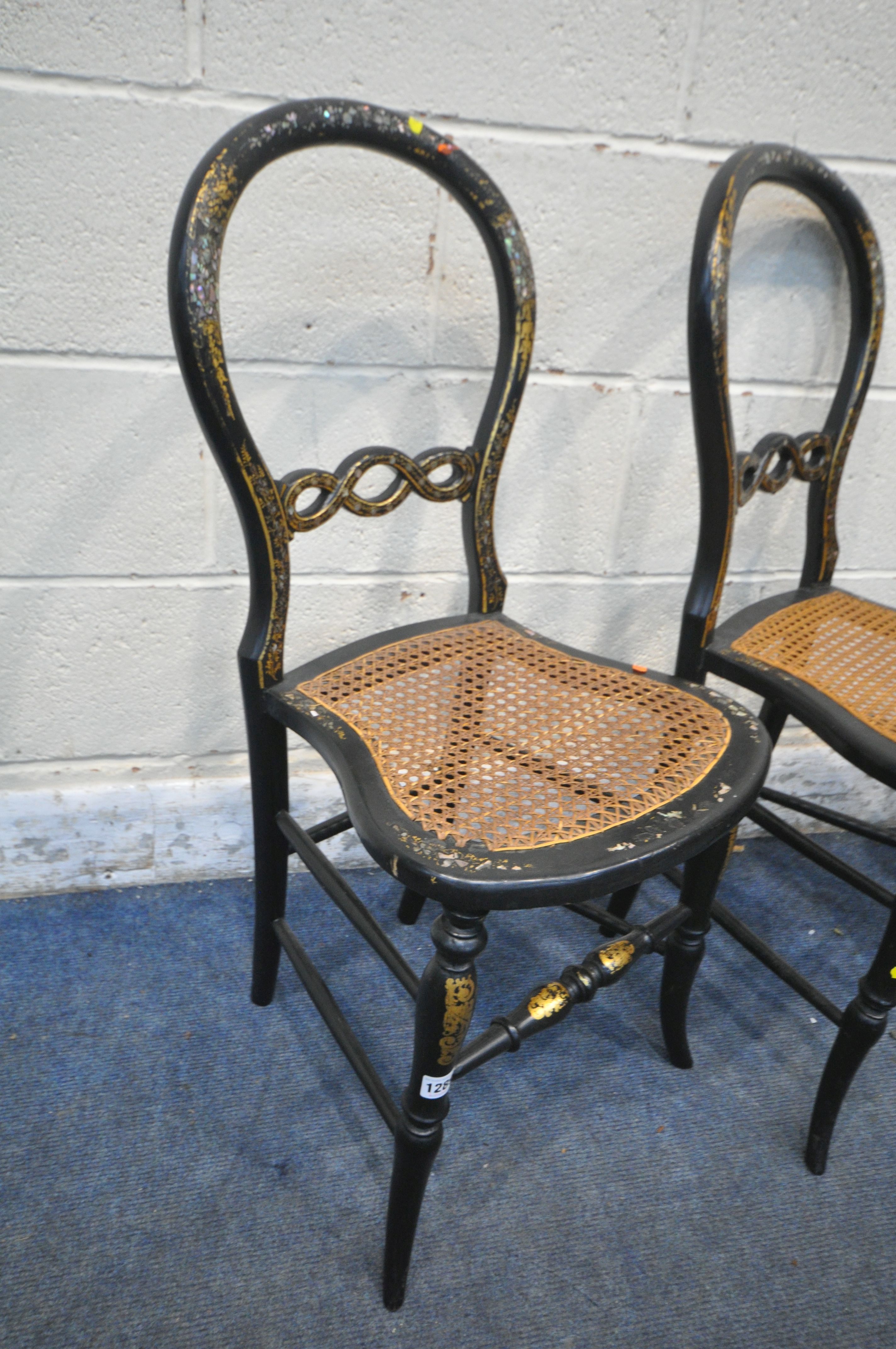 A SET OF FOUR VICTORIAN EBONISED AND MOTHER OF PEARL CHAIRS (condition report: bergère seat torn - Image 2 of 4