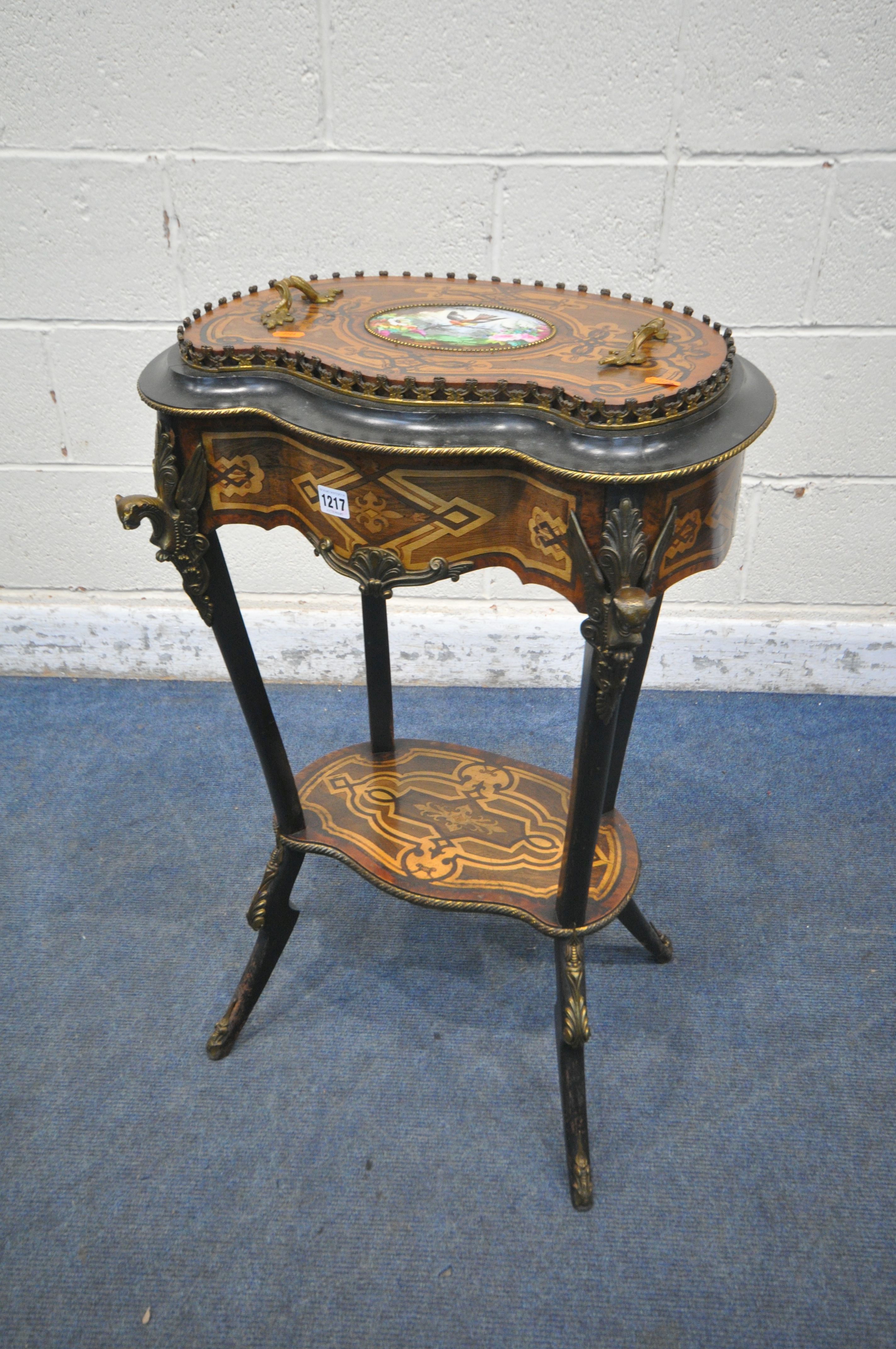 A LOUIS XV MARQUETRY INLAID SERPENTINE PLANTER TABLE, the twin handled lid with a painted